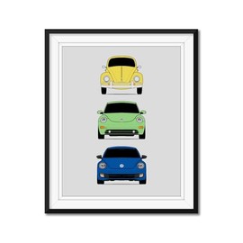 Custom Car Posters History of Volkswagen Beetle Generations and Handmade Print of VW Beetle (Type 1, New Beetle, A5) - Multi-Color, 17x22" Metallic Print (Unframed)