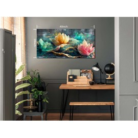 GUGIKA GUGIKA Lotus Flower Wall Art for Living Room, Floral Canvas Wall Decor for Bedroom, Teal Vintage Print Painting, Colorful Artwork for Home, Aesthetic Picture Decoration, Size 40x20