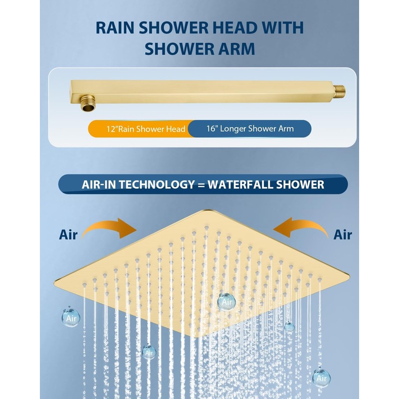 KINLIV 12 Inch Brushed Gold Rain Shower Head with Extension
