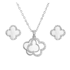 XIWCAFC Four-Leaf Clover Jewelry Set for Women 18K Gold Plated Stainless Steel White Black Four-Leaf Clover Pendant Necklace Stud Earrings Jewellery Set with Cubic Zirconia (White-2)