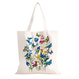 FOSDICK Canvas Tote Bag, Butterflies and Flowers Pattern Plain Tote Bags, Fashionable and Beautiful Grocery Bag, Eco Friendly Washable Canvas Bags for Teenage Girls School Work, 35x40cm