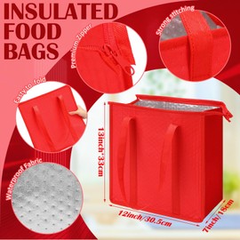 Locmeo 10 Pcs Large Insulated Shopping Bags For Groceries 13 x 12 x 7 inches Reusable Cooler Bags Thermal Totes With Zippered Top For Hot Cold Food Delivery Refrigerator Pizza(Red)