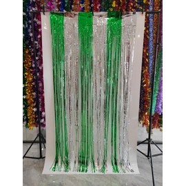 CYBERNOVA Pack of 2 Fringe Curtain Background, 1 m x 2 m Metallic Tinsel Foil Fringe Streamers Curtains Background for Wedding Birthday Anniversary Graduation Party Decoration (Green + Silver)