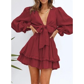 Dokotoo Fall Outfits for Women 2025 Ruffle Elegant Long Sleeve Empire Waist Tie Knot Cute Chiffon Boho Beach Tunic Swing A Line Mini Short Skater Dresses Wedding Dresses for Women Red L