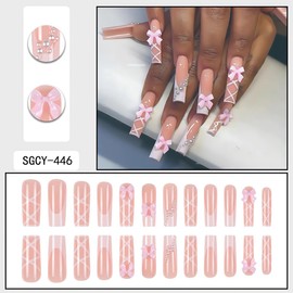 Long Square Press on Nails Glossy Pink Fake Nails with 3D Bow Designs White Pearl Line Glue on Nails Acrylic False Nail Kit French Tip Nails Reusable Artificial Nails Stick on Nails for Women, 24Pcs