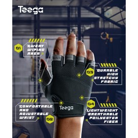 Teega Lightweight Workout Gloves for Men and Women, Weight Lifting Shorty Fingerless with Cushion Pads and Silicone, Fitness, Training, Cycling, Gym, Large