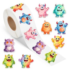 1.5 inches 500pcs Cute Monster Stickers Roll, Waterproof Watercolor Creature Decals, 8 Designs for Water Bottles, Laptops, Journals, Scrapbooking, Party Favors, DIY Crafts, Gift Seals