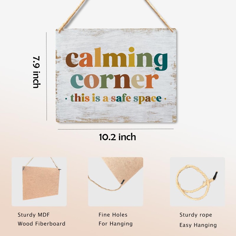 Calming Corner - Safe Space Hanging Wood Sign Plaque, Classroom