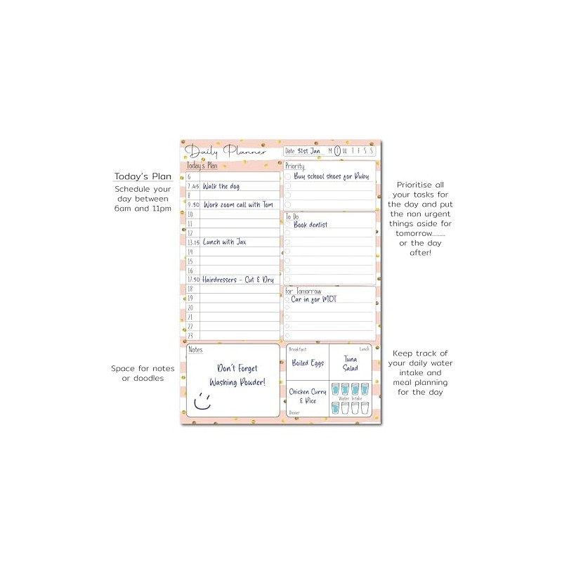 A5 Daily Planner 50 Sheet Note Pad with Schedule, Priority,