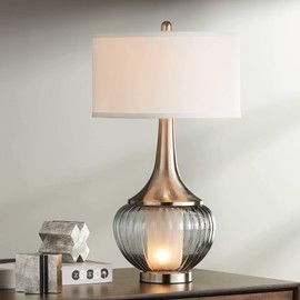360 Lighting Courtney 28 1/2" Tall Modern End 3-Way Table Lamp Night Light Table Top Dimmer Gray Brushed Nickel Finish Glass Metal Single White Shade Living Room Bedroom Bedside