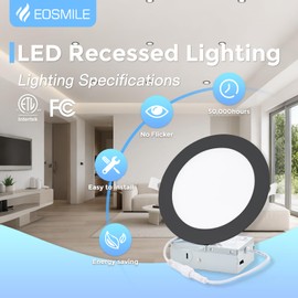 EOSMILE 16 Pack 6 inch Black Recessed Lighting, 5CCT LED Recessed Light with Junction Box, 2700K-5000K Selectable, 12W, 120v, 1100LM Dimmable Canless Wafer Downlight, ETL FCC
