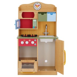 Teamson Kids Little Chef Florence Classic Interactive Wooden Play Kitchen with Accessories and Storage Space for Easy Clean Up, Wood Grain with Red and Yellow Accents