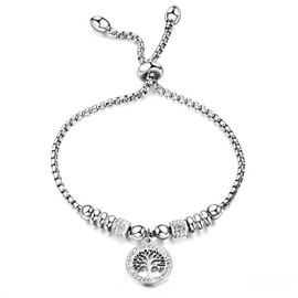 Harlorki 14K Gold Plated Stainless Steel Adjustable Chain Tree of Life Pendant Bracelet Birthday Cuff for Women Lady (Silver)