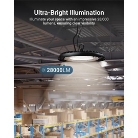 Sunco High Bay LED Shop Lights UFO for Workshop, Commercial Warehouse Lighting Fixture, 200W, 28000 LM, 4000K Cool White, Dimmable, Plug & Play, Wet Rated, UL/DLC.