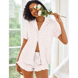 Ekouaer Pajamas Set for Women Short Sleeve Sleepwear Button Down Pjs Lounge Sets Soft Nightwear Pink Leopard Large