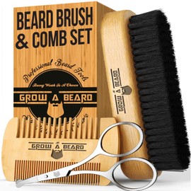 Beard Brush For Men & Beard & Mustache Comb Set with Scissors, Beard Grooming Kit, 100% Natural Boar Bristle Brush, Dual Action Wood Comb, And Travel Bag, Great Fathers Day Gift, Gift for Him
