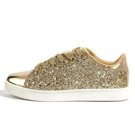 LUCKY STEP Glitter Sneakers Lace up | Fashion Sneakers | Sparkly Shoes for Women (All Gold,9 B(M) US)