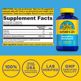 Nature's Life Nature's Life Monolaurin Capsules, 1000 mg | Vegetarian | Support for Healthy Immune Function & Digestion | Derived from Raw Coconuts | Optimal Wellness Benefits | 180 ct