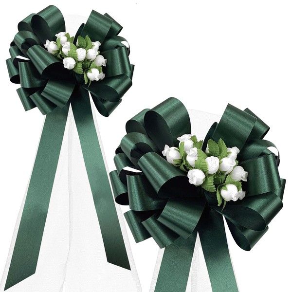 Hunter Green Pull Bows with Tulle Tails and Rosebuds -