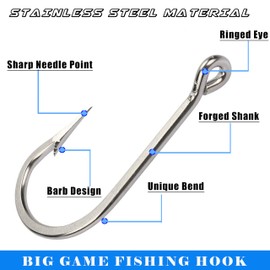 Saltwater Tuan Fishing Hooks Big Game Shark Hooks Stainless Steel Forged Fish Hooks Strong Southern Large Hooks Tackle Equipment for Trolling Tuna Marlin Wahoo Size 5/0-13/0