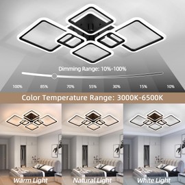 Modern Ceiling Light, 40.2'' LED Dimmable Acrylic Square 6+1 Rings Ceiling Lights with Remote, Black Flush Mount Ceiling Light Fixture for Low Ceiling Bedroom Living Room Dining Room, 130W