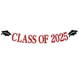 Class of 2025 Banner, Congrats Grad Bunting Sign for 2024 High School College Graduation Party Decorations Supplies, Black and Red Glitter