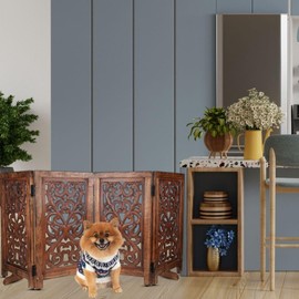 Decorative Wooden Pet Gate, Dog Fence, Cat Gate, Foldable, Adjustable, Portable, Extra-Wide, Wooden Dog Barrier, Free-Standing Puppy Gate 4 Panels for Indoor, Doorways, Stairs-26x52 Inch Burnt Antique