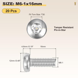 METALLIXITY Pan Head Torx Security Screws Bolts (M6-1x16mm) 20Pcs, Button Torx Head Machine Screws 304 Stainless Steel - for Furniture Woodworking Project, Silver Tone