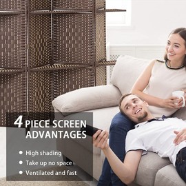 CL.Store 4 Panels Room Divider Wall Dividers Double Hinged Privacy Wooden Partition Screen w/ 2 Removable Storage Shelves Folding Room Dividers Home,Office（Brown）, 4 Panel (WS-DB45-BROWN)