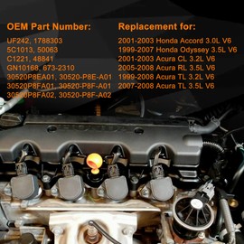 Ignition Coil & Spark Plugs Set of 6 Compatible with Honda Accord Odyssey Acura CL RL TL 3.0L 3.5L 3.7L V6 Replaces# UF242, 30520P8EA01