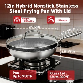 KVZKVZ 12 Inch Non Stick Frying Pan With Lid, Non Stick Frying Pans With Lids, 3-Ply Stainless Steel Frying Pan, Stay-Cool Handle, Oven & Dishwasher Safe, Induction Compatible All Cooktop