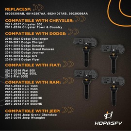 HQPASFY - Sensor TPMS de 433 MHz, sistema de monitoreo de presión de neumáticos, compatible con Dodge Charger Challenger Ram Jeep Wrangler Chrysler 300 y más, reemplaza # 56029398AB 68142397AA