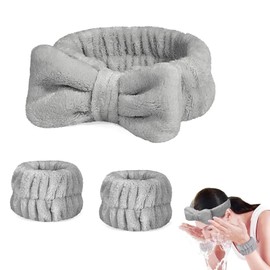 Hair Band for Women, Face Washing, 3 Pieces Wrist Spa Elastic Bowknot Elastic Makeup Headband, Suitable for Face Washing, Makeup, Shower, Thermal Massage, etc. (Grey)