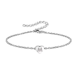 KunBead Mini Letter M Initial Dainty Heart Charm Bracelets for Women Capital Name Alphabet Engraved Bracelet