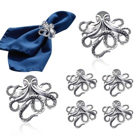 Davifina Octopus Napkin Rings Set of 6,Silver Napkin Rings,Coastal Napkin Ring,Summer Napkin Holder for Cloth Napkins,Ocean Nautical Napkin Buckles for Wedding Parties,Christmas Dining Table Decor