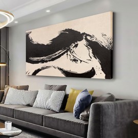 Abstract Wall Art Artwork for Walls Black and Off-White Ink Abstract Canvas Wall Decor Framed Artwork Modern Home Wall Decor for Living Room Bedroom Office 29"x58"