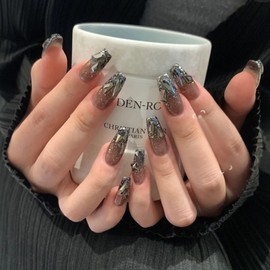 Nail Tip, Long Nail Tip, Black, 24 Pieces, 3D Claws, Easy Off Nails, Beads, Mine-based, Korea, Mass Produced, False Claws, Ribbon, Stylish, Popular, Easy to Apply, Durable, Convenient, Nail Cool, 48