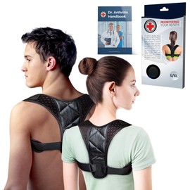 Dr. Arthritis Doctor Developed Posture Support/Posture Correct/Stabilizer/Back Brace & Handbook - Fully Adjustable for Upper & Lower Back Pain. Suitable for Men & Women (Black, L)