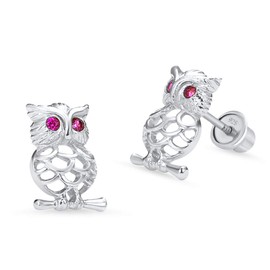 925 Sterling Silver Rhodium Plated Owl Cubic Zirconia Screwback Baby Girls Earrings