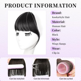 KooKaStyle Clip in Bangs 100% Human Hair Air Curtain Bangs for Women Fake Bangs Wispy Bangs Fringe with Temples Hairpieces for Daily Wear Natural Black