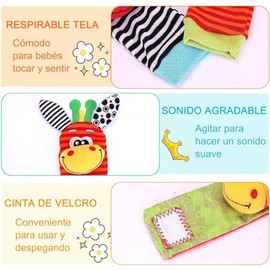 4 Piezas Sonajero Calcetines y Muñequeras, Sonajeros de Muñeca Animales Lindos, Juguete Sensorial con Sonaja, Sonajeros para Manos y Pies Sonido Estimulante Temprano y Colores Brillantes