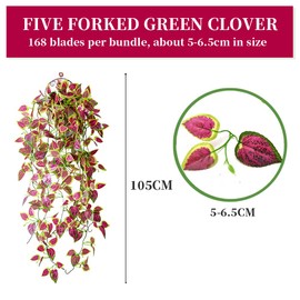 6PCS Perilla Leaves Artificial Hanging Plants, 3.44ft Fake Hanging Plant, 5 Forked Basil Leaves Fake Ivy Vine Plants Artificial Vines for Wall Indoor Outdoor Garden Party Decoration (No Baskets)