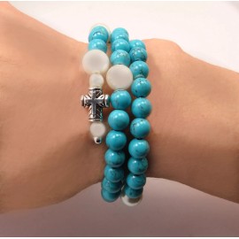 Five Decade Catholic Rosary Bracelet, Turquoise and Shell Pearl Beaded