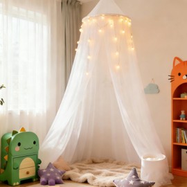 Wnqou Princess White Bed Canopy with Lights for Girls Bed Net,Princess Canopy for Kids Bed Room Decor (White+Lights)
