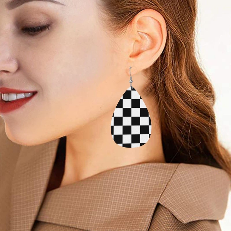 Checkerboard Chess Board Flag Faux Leather Teardrop Earrings for Women