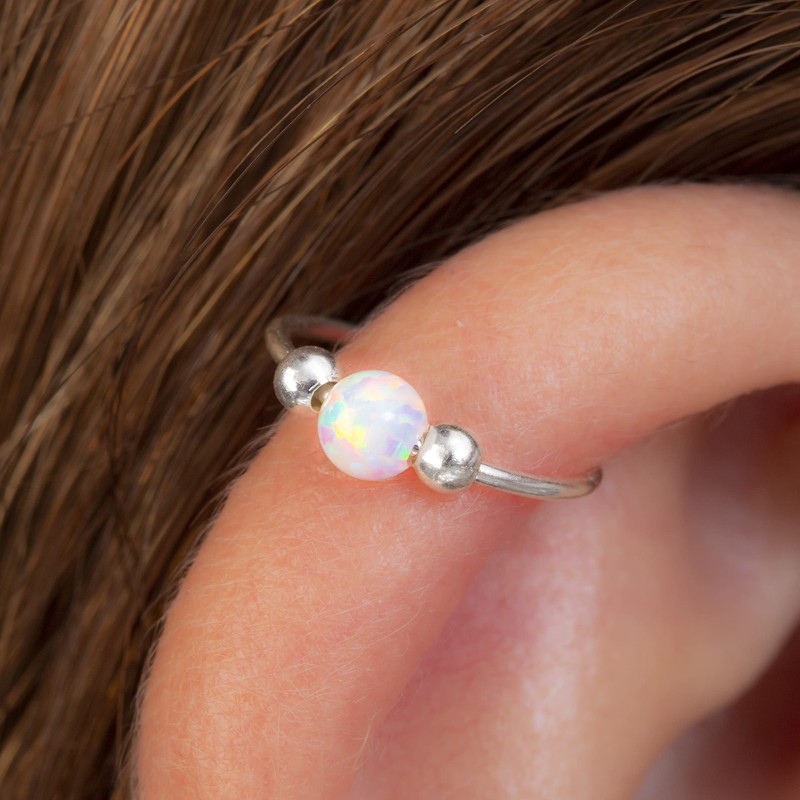 Silver Helix Hoop - Tiny 3mm White Opal Handmade 925