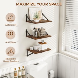 Deep Floating Shelves for Wall, 12 Inch Deep Floating Shelves Set of 3, 16W x 12D Wood Wall Shelves, Wide Wood Shelves with Metal Bracket for Living Room, Kitchen, Office, Bedroom - Rustic Brown