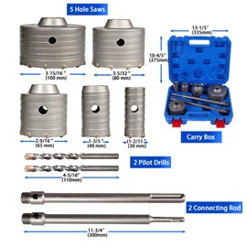 BHTOP 9 Pcs Masonry Concrete Hole Saw Kit, (30 40 65 80 100 mm) Saws, 300 mm Tungsten Carbide SDS Plus & SDS Max Bit Shank, Hole Saw Set for Concrete Brick Stone Cement Tile Wall