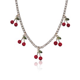 Cute Cherry Pendant Necklace Dainty Gold Cherry Choker Necklaces Shining Fruits Rhinestones Necklace for Women (Cherry Diamond)