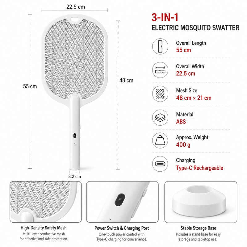 3-in-1 Electric Mosquito Swatter for Home – 3000V Rechargeable Bug